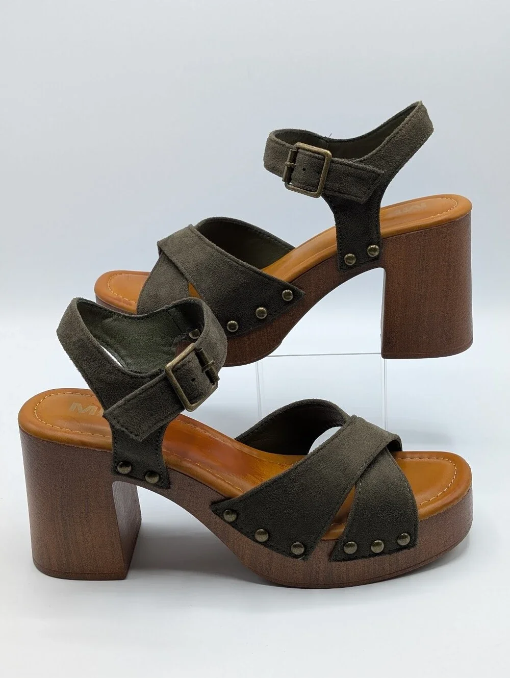 MIA Sandals Women's 8.5 Olive Green Suede Platform  Adjustable Straps Block Heel
